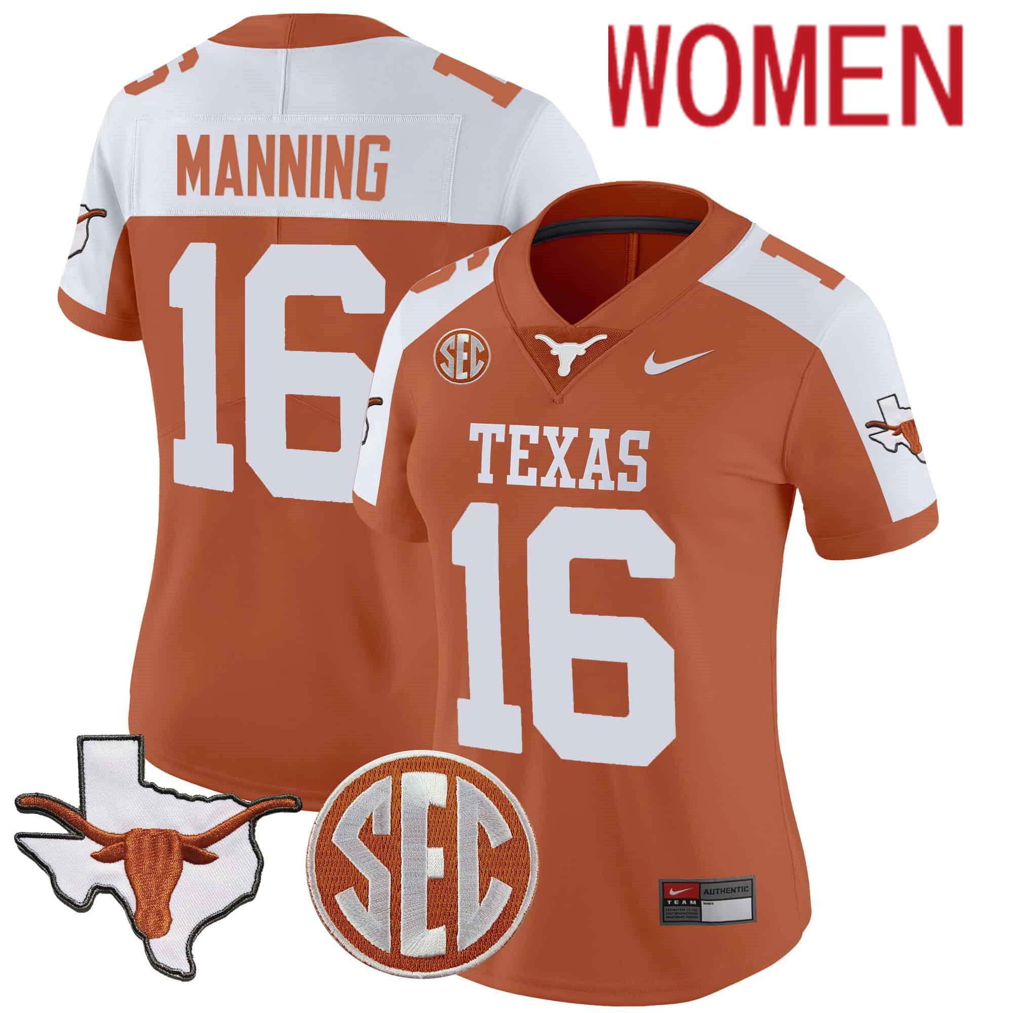 Women Texas Longhorns #16 Manning Orange 2024 Nike State Map & SEC Patch Vapor NCAA Jersey